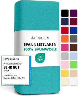 Jacobson Jersey Spannbettlaken Spannbetttuch Baumwolle Bettlaken (140x200-160x200 cm, Türkis)