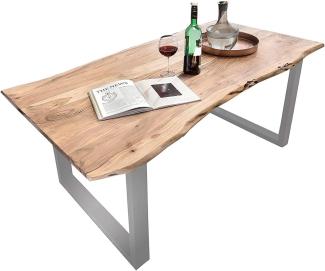 SAM Baumkantentisch 140x80 cm Quarto, Akazienholz massiv + naturfarben lackiert, Esstisch mit Silber lackiertem U-Gestell, Esszimmertisch/Holztisch im Industrial-Design, Tischplatte 26 mm