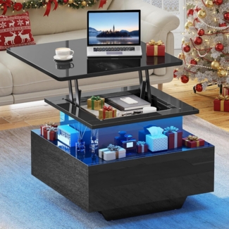 YITAHOME Couchtisch Höhenverstellbar mit LED Beleuchtung Modern, 60 x 60 x 45 cm, Wohnzimmertisch Hochglanz mit Offenem Ausstellungsregal und 2 Schubladen