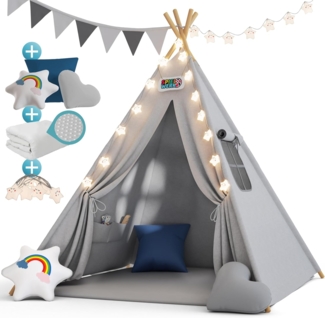 Spielwerk Kindertipi mit Lichterkette, Bodenmatte und Kissen, grau, 120 x 120 x 160 cm