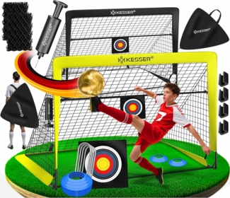 KESSER Pop-Up Fußballtor, 2er Set, mit Transporttasche, 6x Hütchen, Ballpumpe & Zielscheibe, Glasfaserstangen, 120x90 cm, Gelb / Schwarz