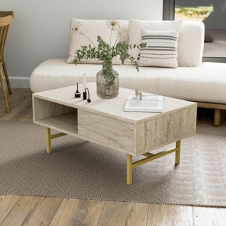 Hanah Home Elegant Coffee Table with Metal Frame, Traverten Marble Design, 90 x 54 x 38.6 cm | 100% Melamine Coated Particle Board, 18 mm Thick | Stylish & Durable