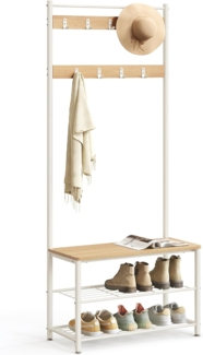 Vasagle Garderobenständer, Kleiderständer mit Schuhablagen, Schuhregal mit Sitzfläche, für Flur, mit Haken, 3 Ablagen, aus Metall, Höhe 175 cm, modern, eichenfarben-weiß