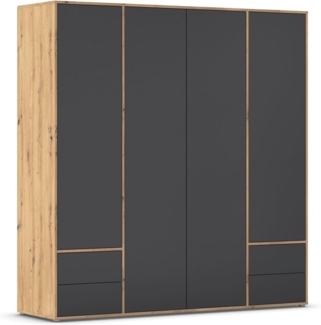 Rauch Möbel Nabila, Drehtürenschrank, Kleiderschrank, Kleiderschränke, Garderobe, 4-türig, 4 Schubladen, Push-to-Open, Farbe Grau metallic/Eiche Artisan, Schwarz, Holz, 187 x 194 x 53 cm