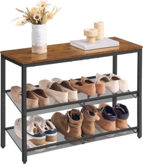 VASAGLE Schuhregal, Schuhablage, 3 Ebenen, große Oberfläche, verstellbare Gitterablagen, platzsparend für Eingangsbereich Flur, Metall, Industrie-Stil, vintagebraun-tintenschwarz LBS043KD01