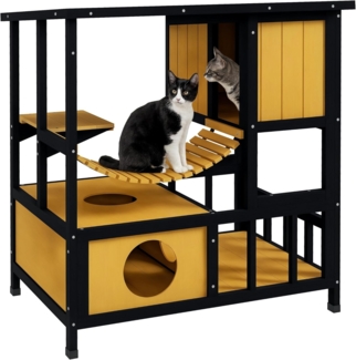 PawHut Tierhöhle Katzenhaus aus Holz mit Hängebrücke, Balkon, Plattform, für 1-2 Katzen bis 5 kg, Gelb