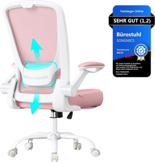 Songmics Schreibtischstuhl mit gepolsterte Lendenstütze, Wippfunktion & klappbare Armlehnen, Netzbespannung pastellrosa, max. 120 kg
