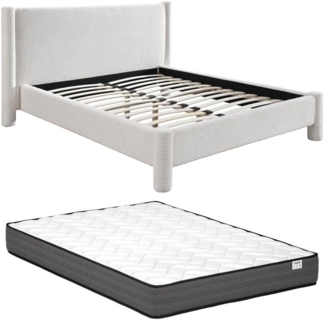 Vente-unique - Bett + Matratze - 160 x 200 cm - Bouclé-Stoff - Weiß - CONOMO