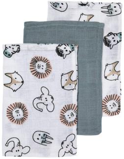 Meyco 458019 Mull/Musselin Waschlappen 3er Set, 21x17 cm ANIMAL/UNI Stone Green-Weiss