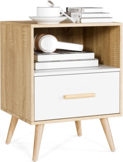 Mondeer Nachttisch, Nachtschrank mit 1 Schublade und 1 Offenem Fach, Holz Modern Nachtkommode mit Massivholzfüßen, Beistelltisch für Schlafzimmer Wohnzimmer, 40 x 35 x 51 cm, Weiß und Eiche