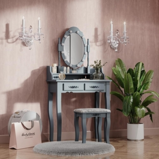 Vicco Schminktisch Frisiertisch Kosmetiktisch Maggie Grau Schminkspiegel Hocker 75x147 Barock LED Beleuchtung Schlafzimmerkommode Schminkkommode Schublade Aufbewahrung Frisierkommode Make-Up-Tisch