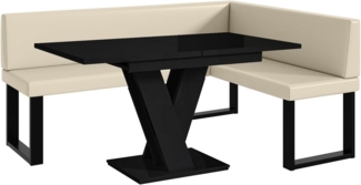 MEBLINI Eckbank für Esszimmer mit ausziehbarem Tisch - Küchenbank - Essecke - Sitzecke Küche - TONI - U-Beine 128x168x87cm Rechts - Creme Kunstleder/M Schwarz Hochgl.