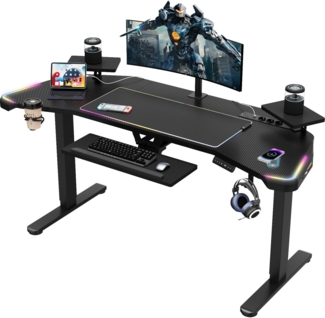 JUMMICO Höhenverstellbarer Schreibtisch, Großer LED-Gaming-Tisch mit Kabellosem Ladegerät, 186x60 cm, Computertisch mit Multifunktionaler Steckdose, Verstellbarem Tastaturfach, RGB-Mauspad, Schwarz