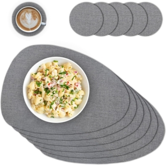 matches21 HOME & HOBBY Platzset Ovales Tischset mit Glasuntersetzer, 6er Set, in Grau meliert, (6-St), Hitzebeständige abwaschbare PVC Platzsets