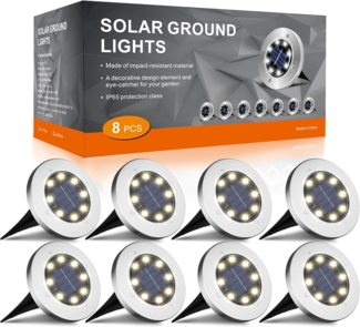 FLOWood Solar Bodenleuchte Solarleuchte für Garten Solar Außenleuchte 8 LEDs wasserdicht Edelstahl + Kunststoff 8 Stk [Energieklasse A+]