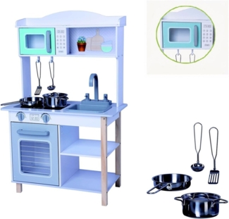 Moni Kinderküche Mila Holz 7256A Backofen 2 Kochplatten Spüle Mikrowelle Regale hellblau