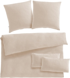 Pure Label Musselin Bettwäsche 200x220 5-teilig bestehend aus einem Bettbezug 200x220 cm, Kissenbezug 80x80 2er Set, 40x80 Kissenbezug 2er Set aus Baumwolle - Kuschelige Bettwäsche in beige