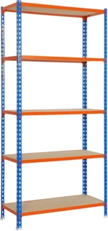 SimonRack Schwerlastregal, Lagerregal, 200 x 110 x 40 cm, Metallregal, Kellerregal, Biegestelle 200 kg, 5 Holzfachböden, Blau/Orange/Holz - Maderclick