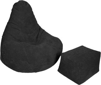 Loft 25 Sitzsack mit Rückenlehne für Erwachsene | Cordstoff, Innenfutter | Ergonomisches Design zur Unterstützung der Körperhaltung (Schwarz, Sitzsack + Fußhocker)