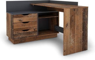 byLIVING Winkelschreibtisch BELFAST / Rechts oder Links montierbar / 3 Schubkästen / Old Wood-Optik - anthrazit /Bürotisch / Eckschreibtisch / Schreibtisch / B 129, H 83,5, T 105 cm