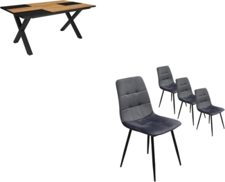 Skraut Home - Esszimmermöbel, Esstische | 170 | Eiche und Schwarz | Industrielles Stil, Esstisch, Packung mit 4 Esszimmerstühlen | Gepolsterter Stuhl