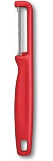 Victorinox Sparschäler "Iota", Schäler für Gemüse, Obst, Zackenschliff, Zweischneidig, Extra Scharf, Swiss Made, rot