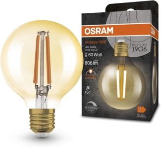 OSRAM Vintage 1906® Classic GLOBE80 FIL 60 LED-Lampe mit Sockel 27, dimmbar, Kugelform, gold, 7,2W, 806lm, 2400K, reduziertes warmweißes Licht, geringer Energieverbrauch, lange Lebensdauer