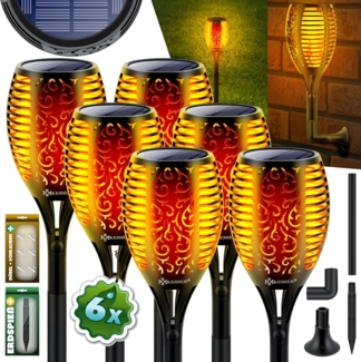 KESSER® Gartenfackel Solar Set Solarleuchten Flamme mit Wandhalterung + Erdspieß Licht-Sensor Wetterfest Garten Solarleuchte Fackel Lichter LED Gartenlampe Solarlampe Flammenlicht 96 LED´s, 6er Set