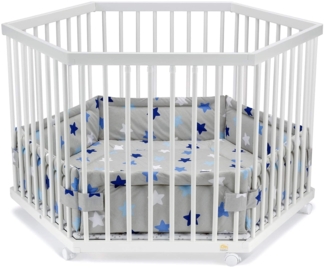 FabiMax Baby Laufgitter 6-eck Weiß lackiert, stufenlos höhenverstellbar, mit Schlupfsprossen, Laufstall aus massivem Buchenholz (Blaue Sterne)