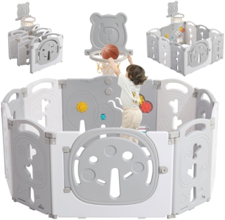 YOLEO Laufstall Baby 113×113 cm, Laufgitter Baby, Laufstall Faltbar, Laufgitter Faltbar, Kinderlaufstall mit Basketballkorb, Playpen mit Tür und Spielzeugboard, Playpen aus Kunststoff, Babyzaun, Grau