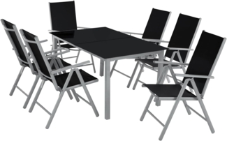 tectake® Sitzgarnitur Aluminium Klappstühle, Lounge Set mit 6X Stühle und 1x Glastisch Esstisch, Gartenmöbel Set wetterfest für den Balkon, Gartenstühle, Terrassenmöbel, Liegestuhl - Silber
