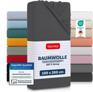 Blumtal® Basics Spannbettlaken 100x200 cm Jersey - Bettlaken 100x200 cm aus 100% Baumwolle - Oeko-TEX zertifiziertes Spannbetttuch 100x200 cm - Matratzenbezug 100x200 cm - Leintuch 100x200 cm - Anthrazit