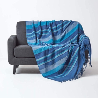 Homescapes Tagesdecke Morocco, blau, Sofa-Überwurf aus 100% Baumwolle, weiche Wohndecke 150x200 cm, blau gestreift, mit Fransen