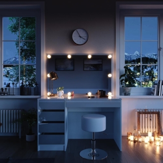 Vicco 'Sherry' Schminktisch mit LED-Beleuchtung und Hocker, Holzspanplatte weiß, 75 x 55 x 120 cm