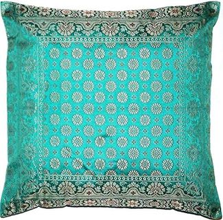 Handgewebter indischer Banarasi Seide Deko-Kissenbezug in Turkis-Grün - 40 cm x 40 cm