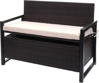 Poly-Rattan 2er Sitzbank HWC-F39, Gartenbank Truhenbank, Staufach Aufbewahrung Sitzkissen ~ braun, Kissen beige