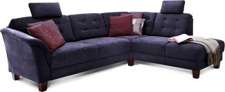 Cavadore Ecksofa Trond mit Ottomane rechts / Federkern-Sofa im Landhausstil mit 2 Kopfstützen und Vorziehsitz mit Bettkasten / 260 x 89 x 214 / Webstoff blau