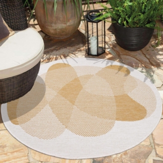 carpet city In- & Outdoor-Teppich Ockergelb, Creme - Wendeteppich - 160 cm Rund - Abstraktes Geo-Muster - Wetterbeständig für Balkon, Terrasse - Teppiche Modern Indoor Wohnzimmer, Küche