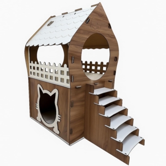 Jungengel Tierhaus Zweistöckiges Katzenhaus aus MDF – Braun & Weiß – in XL, XXL, 3XL, Werkzeugloser Aufbau, Zweistöckig, Balkon mit Rundfenster