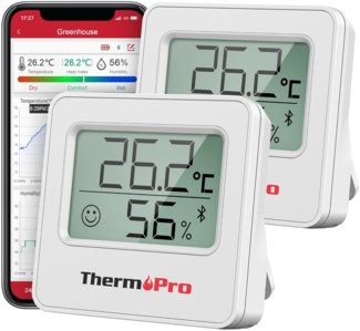ThermoPro TP357 80m Bluetooth Hygrometer Innen 2er-Set Raumthermometer Digital mit APP Mini Luftfeuchtigkeitsmesser mit Smiley-Indikator Datengrafik für Innenraum, Büro, Weinkeller, Gewächshaus
