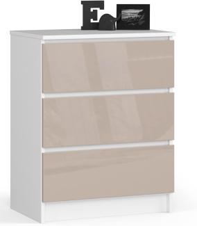 AKORD Kommode K60 mit 3 Schubladen | für das Wohnzimmer Schlafzimmer Schrank Büro Arbeitszimmer | Modernes Funktionales Design | B60 x H77 x T40 cm, Gewicht 25 kgWeiß/Glänzender Cappuccino