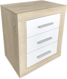 DUÉRMETE ONLINE Nachttisch im nordischen Stil, Modell Omabella, mit 3 Schubladen, praktisches und Elegantes Design, Holz, Kambria-Weiß, 50 cm (Breite) x 60,5 cm (Höhe) x 34,5 cm (Tiefe)