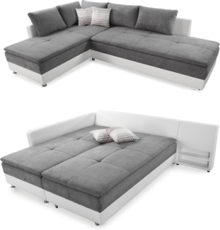 luma-home Ecksofa 15104, Dauerschläfer-Doppelbett 306x223 cm, Schwenkteil rechts, Bettkasten, Regal, Boxspring, Federkern, Wellenunterfederung, Topper, Mikrofaser Hell-Grau/Kunstleder Weiß