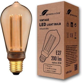 greenandco Vintage Design LED Birne zur Stimmungsbeleuchtung | E27 ST64 | gold | 4W 200lm | 1800K extra warmweiß | 320° | 230V | flimmerfrei | nicht dimmbar | Edison Glühbirne