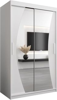 Schwebetürenschrank Wave 120 cm mit Spiegel Kleiderschrank mit Kleiderstange und Einlegeboden Schlafzimmer- Wohnzimmerschrank Schiebetüren Modern Design (Weiß)