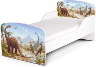 Holz Funktionsbett f³r Kinder - Dinosaurier Jurassic - Kinderbett mit Matratze und Lattenrost (140/70 cm)