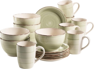 Mäser 931490 Lumaca Frühstück-Service für 6 Personen im Vintage Look, handbemalte Keramik, Geschirr-Set, Steingut, olivgrün, 18-teilig (1 Set)