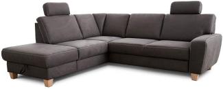 Cavadore Ecksofa Wisconsin mit Bettfunktion / Schlafsofa mit Federkern in Lederoptik / Inkl. 2 Kopfstützen + Stauraum / Landhausstil / Holzfüße in Buche / Mikrofaser / 248 x 88 x 215 cm / Dunkelgrau