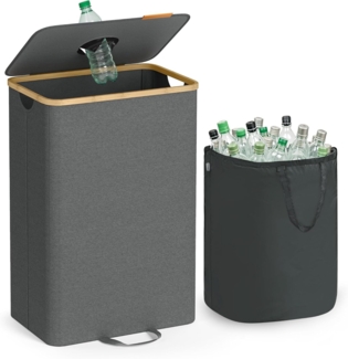 SONGMICS Pfandflaschen-Sammelbehälter, 95 L Pfandflaschen-Behälter, Flaschensammler Leergut, Recycling-Behälter, mit Loch, Deckel, Innensack mit Griffen, Küche, schiefergrau-naturbeige RRBDE509G01