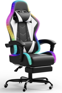 JUMMICO Gaming Stuhl mit led, Cool Racing Gamer Stuhl, Ergonomischer Bürostuhl mit Massagefunktion, Verstellbare Rückenlehne 90-135°, mit Teleskop Fußstütze, Gamingstuhl 150 kg belastbarkeit, Weiß